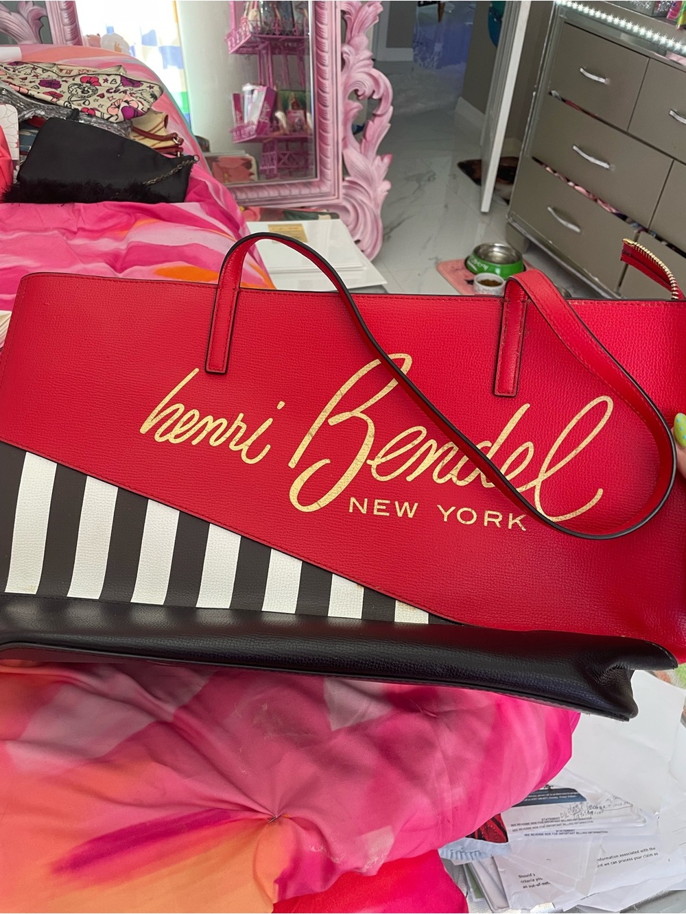 henri bendel Red Tote with Gold Script and Black & White Stripes